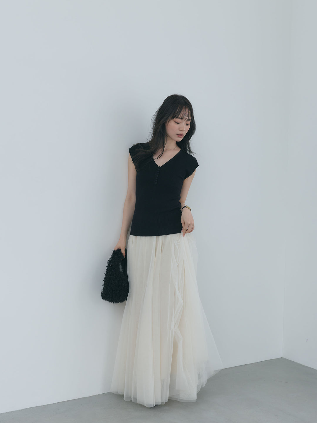 【SET】ウールタッチボタンデザインフレンチスリーブニットトップス+ボリュームチュールスカート(2set)