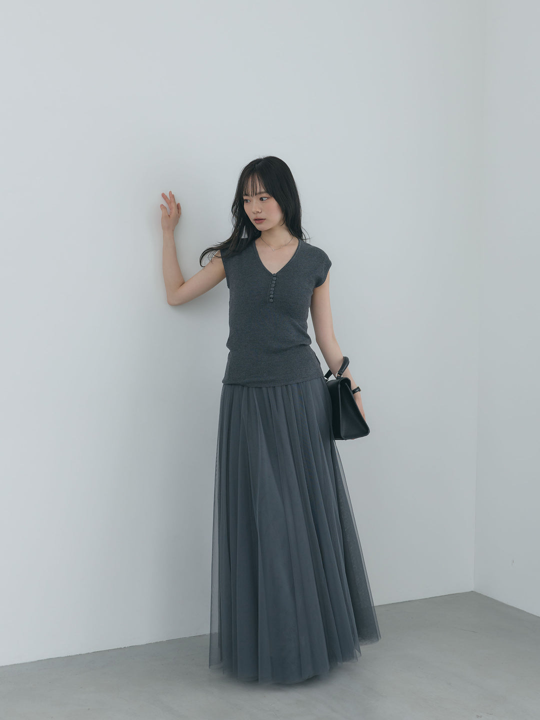 【SET】ウールタッチボタンデザインフレンチスリーブニットトップス+ボリュームチュールスカート(2set)