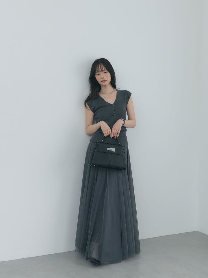 【SET】ウールタッチボタンデザインフレンチスリーブニットトップス+ボリュームチュールスカート(2set)