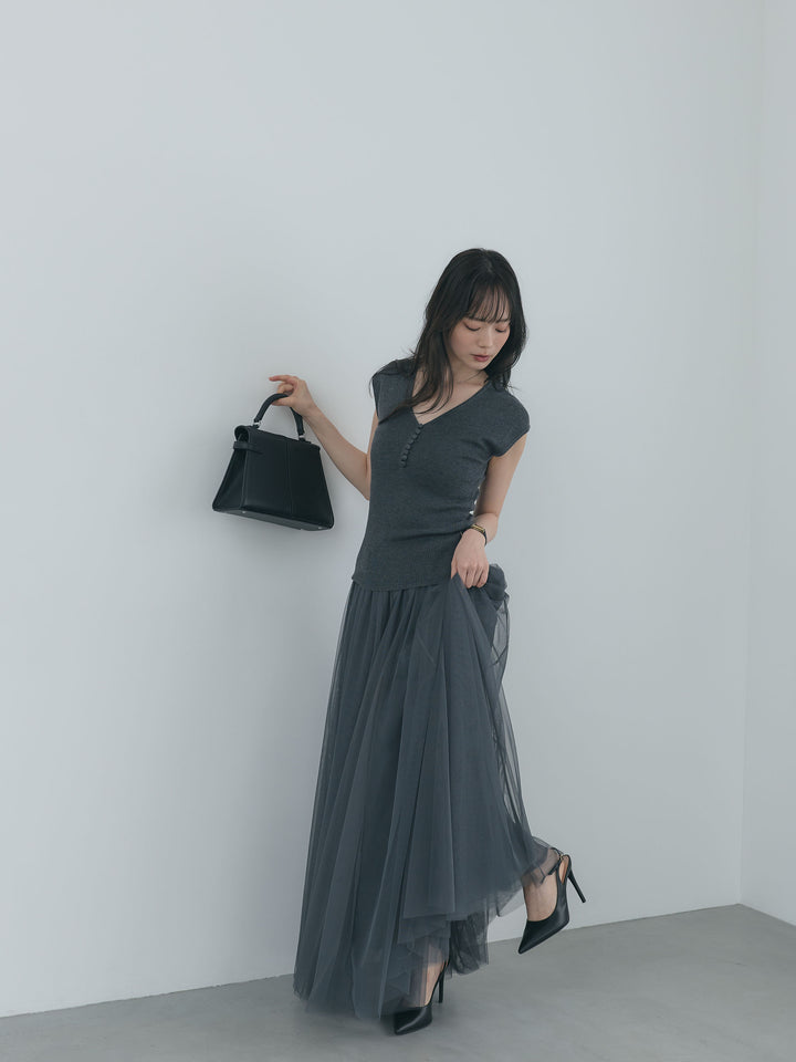 【SET】ウールタッチボタンデザインフレンチスリーブニットトップス+ボリュームチュールスカート(2set)