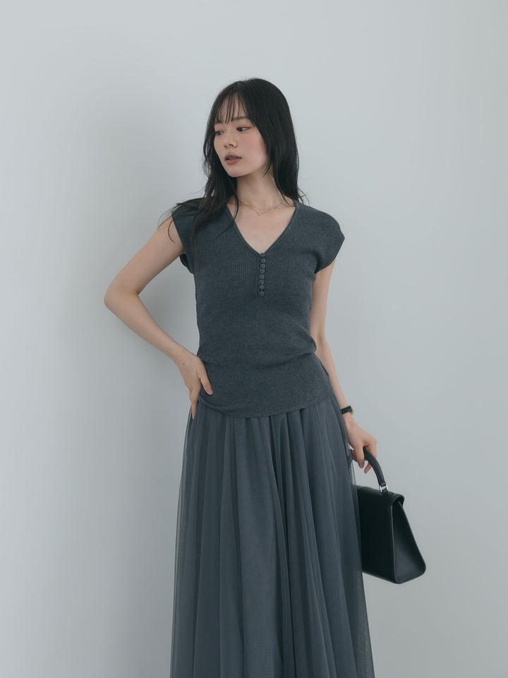 【SET】ウールタッチボタンデザインフレンチスリーブニットトップス+ボリュームチュールスカート(2set)