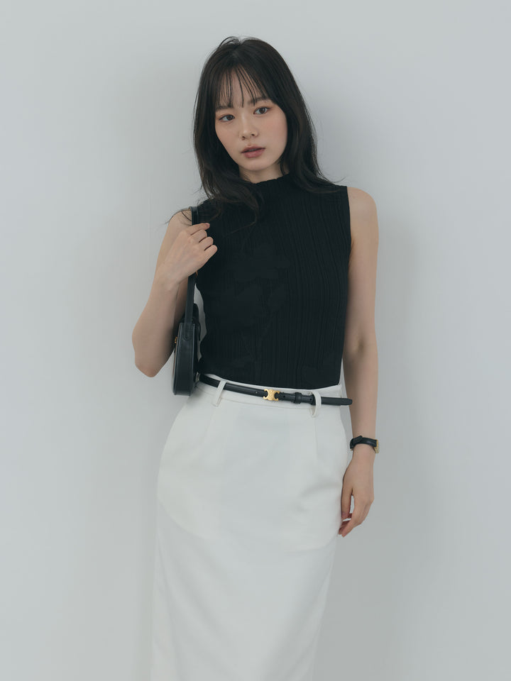 【SET】フラワーディテールリブニットノースリーブトップス+【Essential】Authentic wool like pencil skirt(2set)