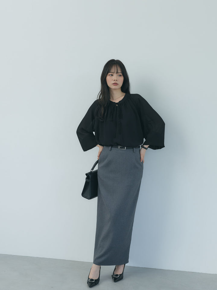 【SET】くるみボタンシアーボリュームブラウス+【Essential】Authentic wool like pencil skirt(2set)
