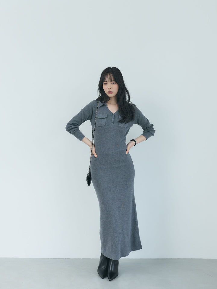 【Essential】Rib knit pocket design one piece
