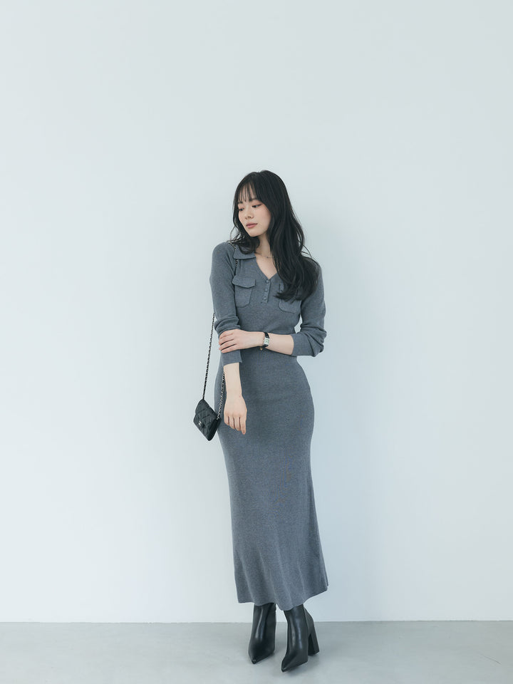 【Essential】Rib knit pocket design one piece