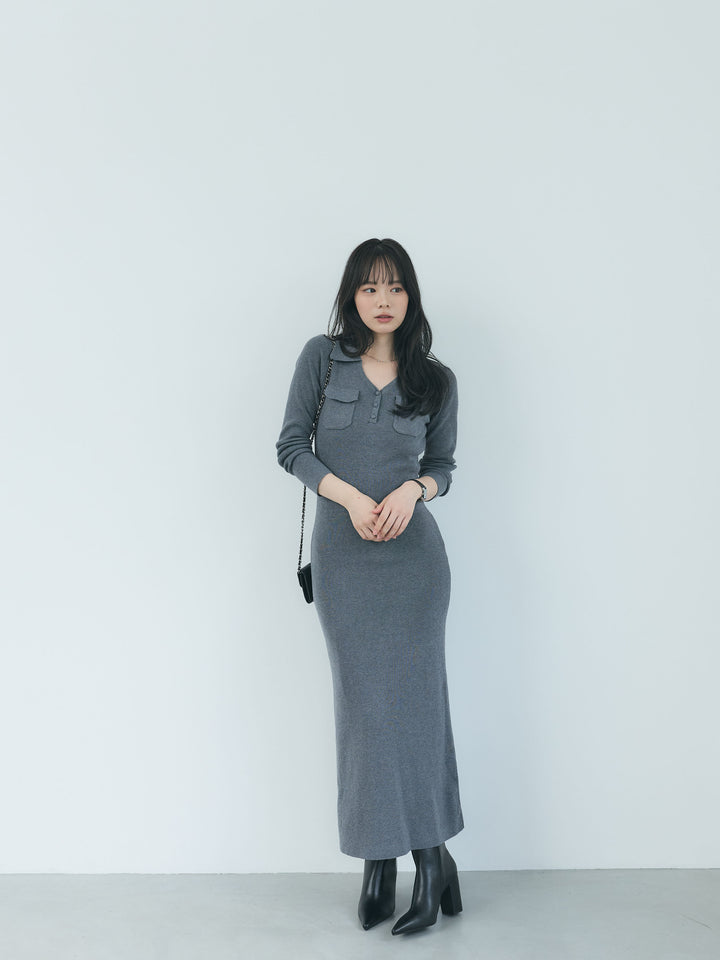 【Essential】Rib knit pocket design one piece