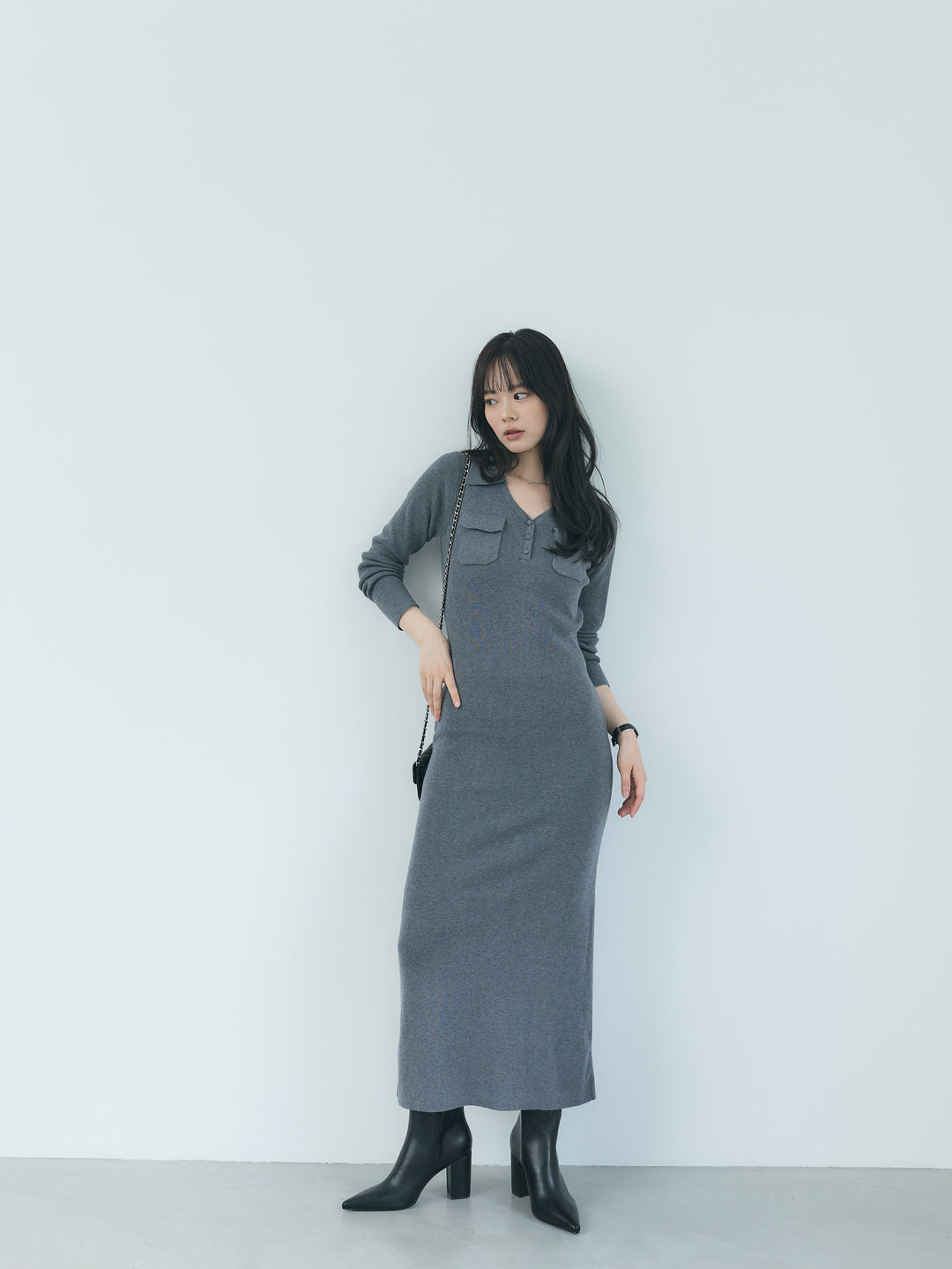 【Essential】Rib knit pocket design one piece