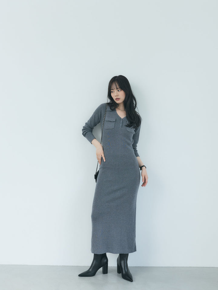 【Essential】Rib knit pocket design one piece