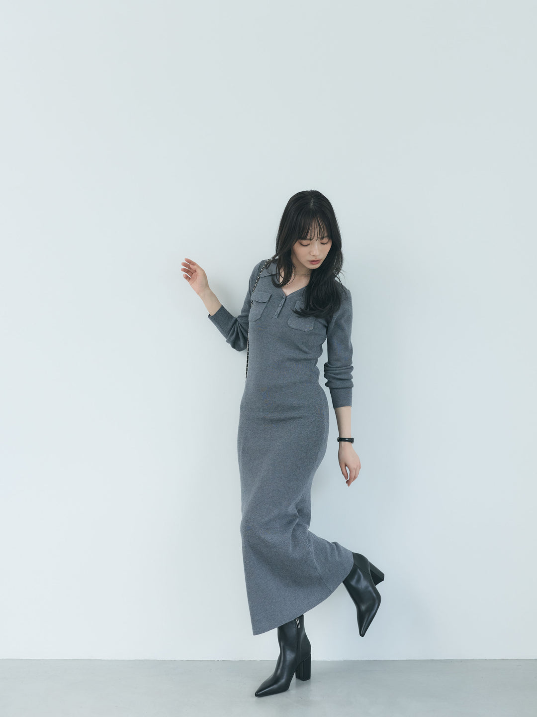 【Essential】Rib knit pocket design one piece