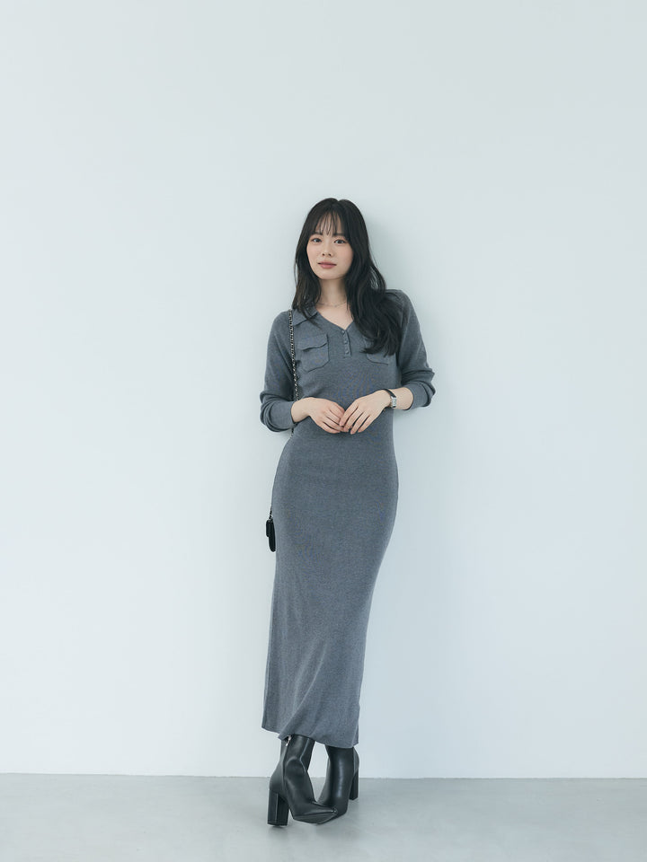 【Essential】Rib knit pocket design one piece