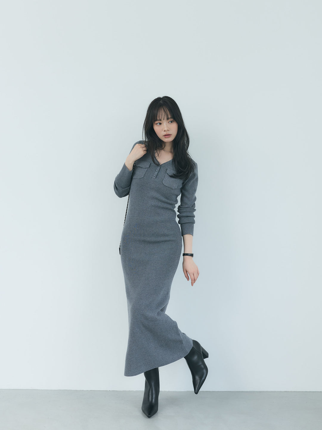 【Essential】Rib knit pocket design one piece