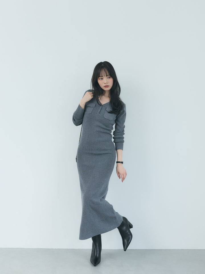 【Essential】Rib knit pocket design one piece