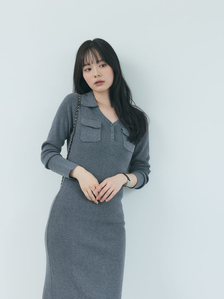 【Essential】Rib knit pocket design one piece