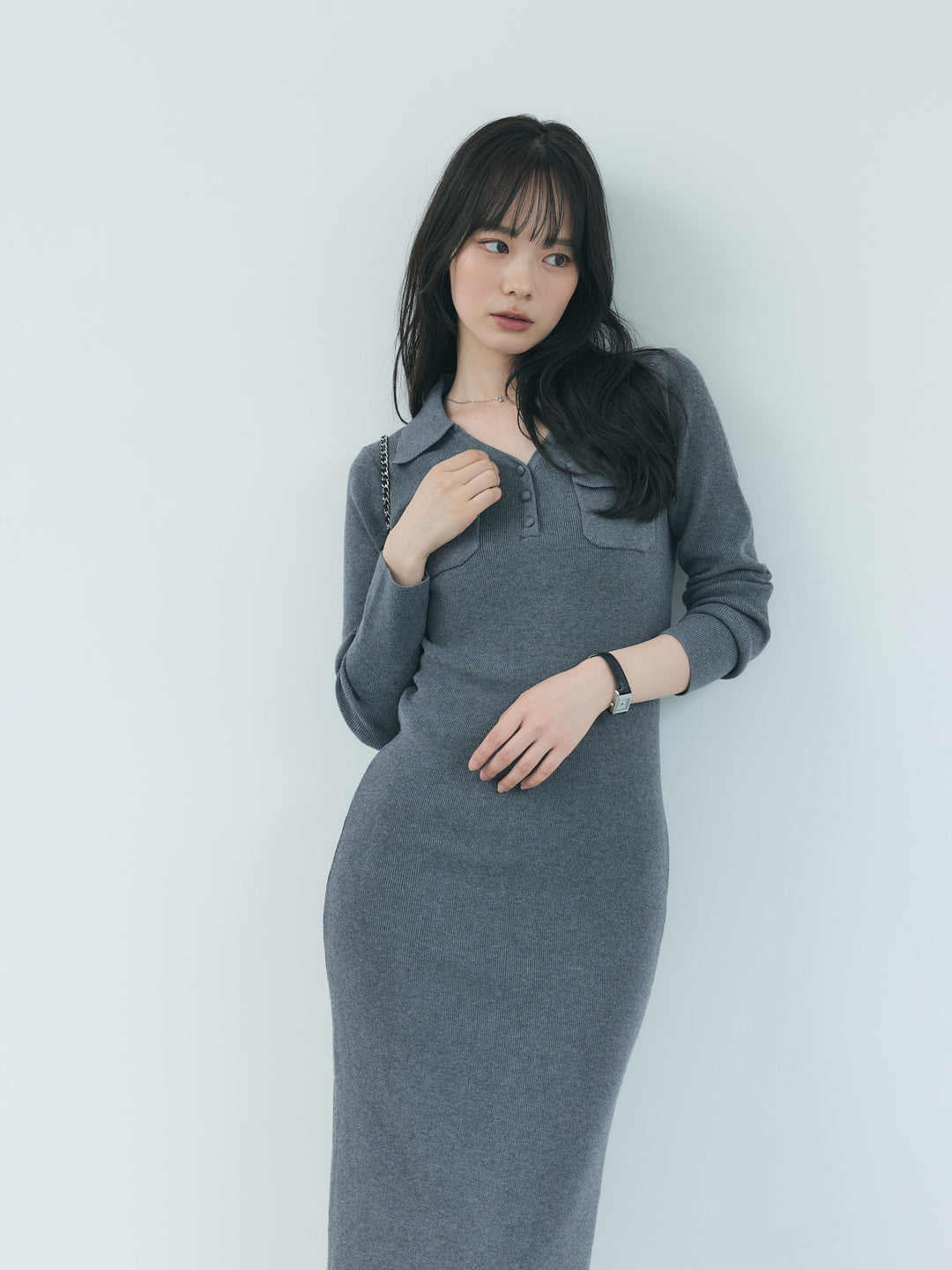 【Essential】Rib knit pocket design one piece