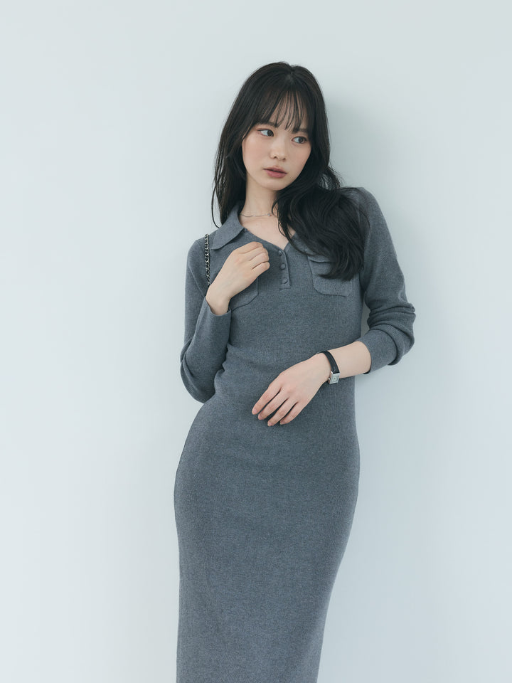 【Essential】Rib knit pocket design one piece