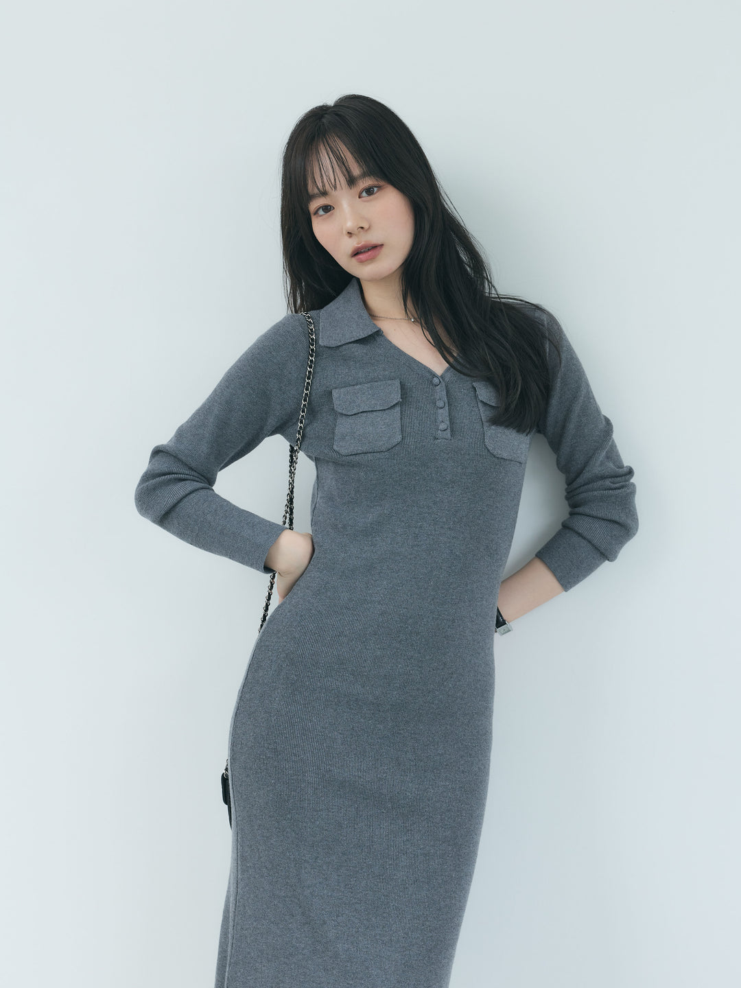 【Essential】Rib knit pocket design one piece