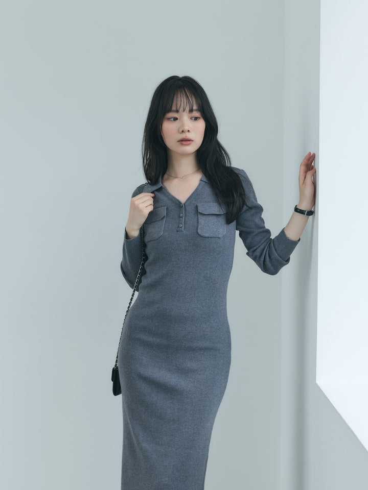 【Essential】Rib knit pocket design one piece