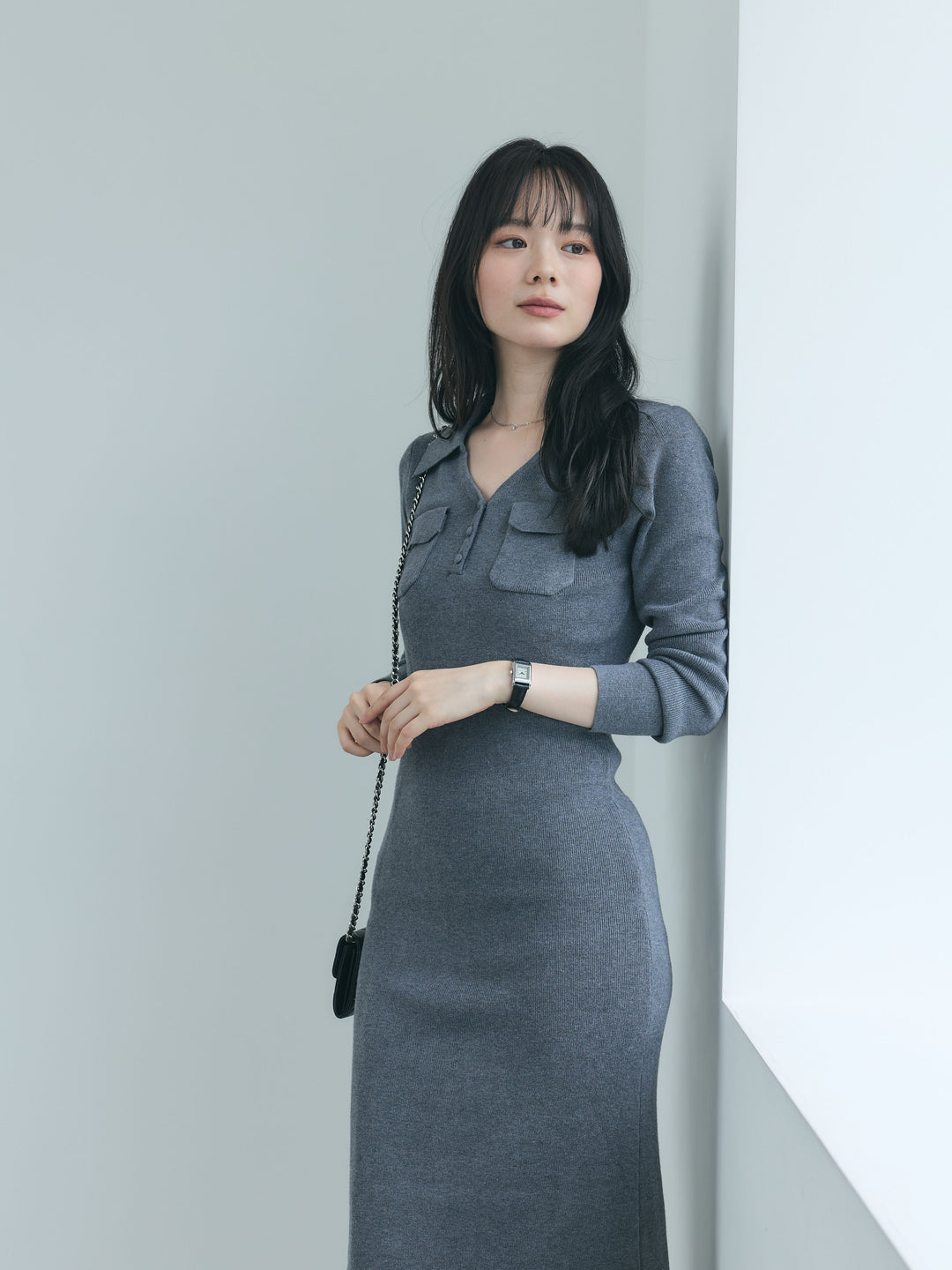 【Essential】Rib knit pocket design one piece