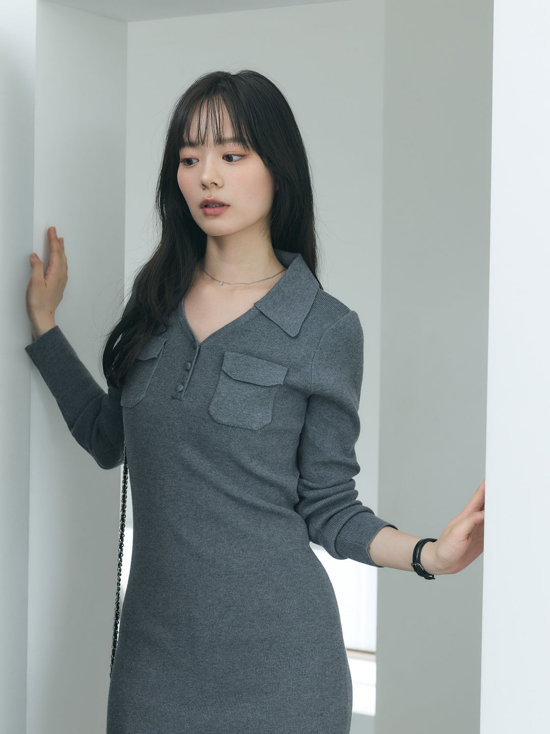 【Essential】Rib knit pocket design one piece