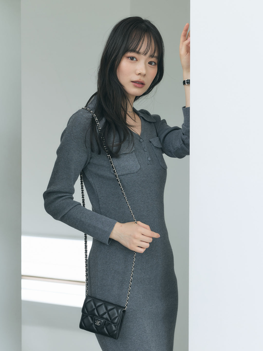 【Essential】Rib knit pocket design one piece