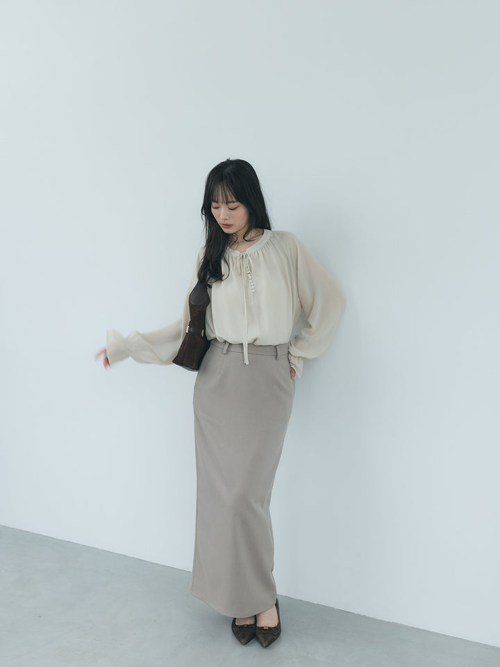 【SET】くるみボタンシアーボリュームブラウス+【Essential】Authentic wool like pencil skirt(2set)