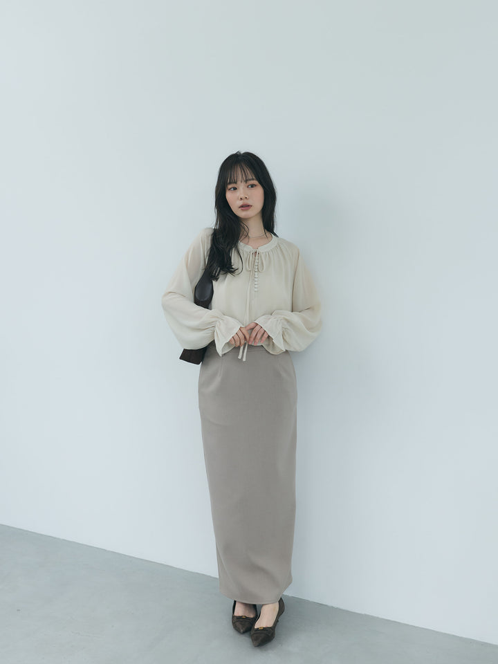 【SET】くるみボタンシアーボリュームブラウス+【Essential】Authentic wool like pencil skirt(2set)