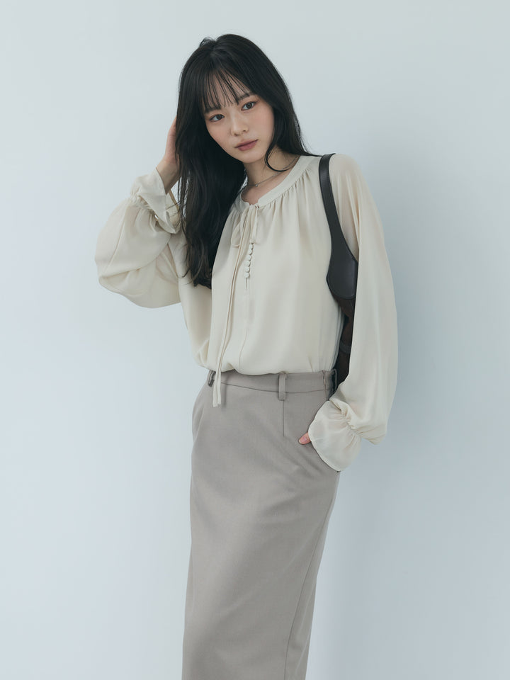 【SET】くるみボタンシアーボリュームブラウス+【Essential】Authentic wool like pencil skirt(2set)