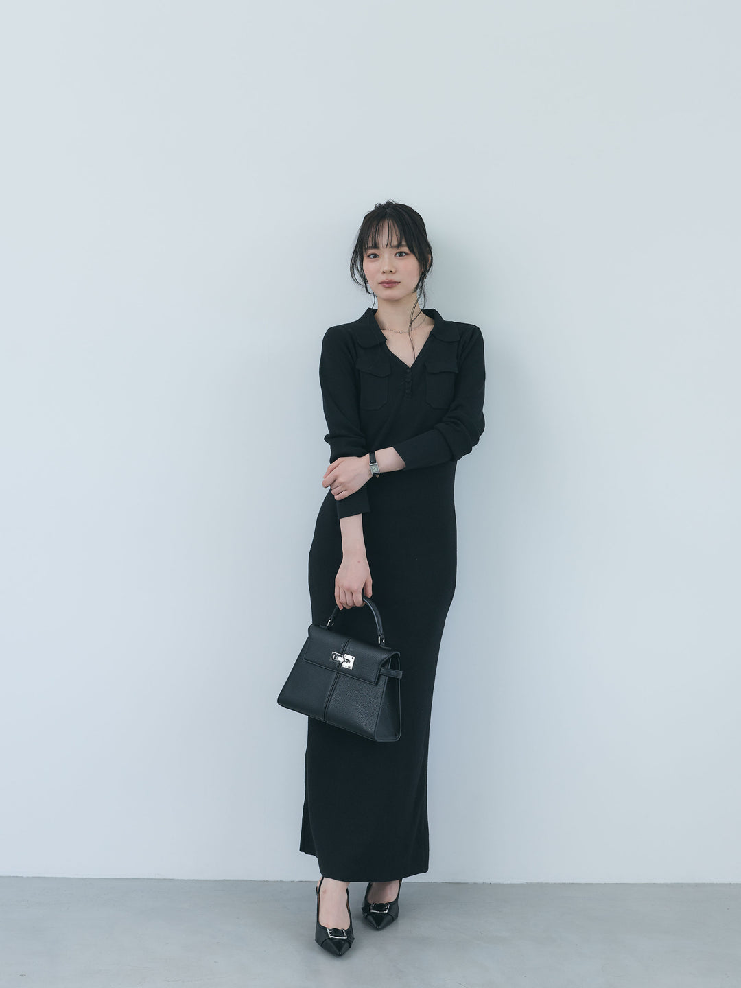 【Essential】Rib knit pocket design one piece