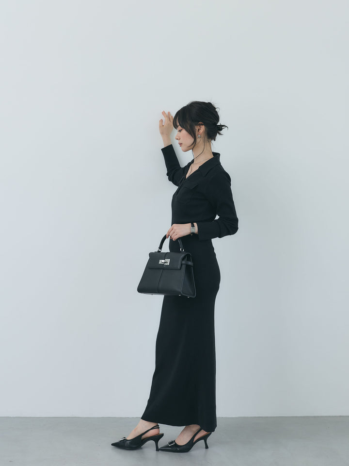 【Essential】Rib knit pocket design one piece