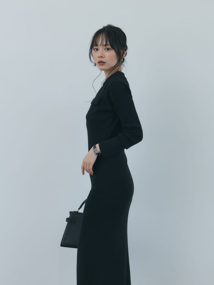 【Essential】Rib knit pocket design one piece