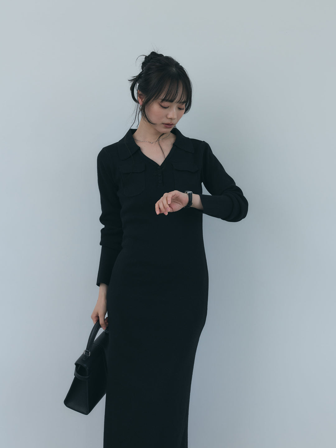 【Essential】Rib knit pocket design one piece