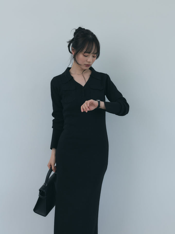 【Essential】Rib knit pocket design one piece