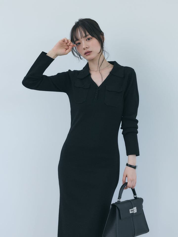 【Essential】Rib knit pocket design one piece
