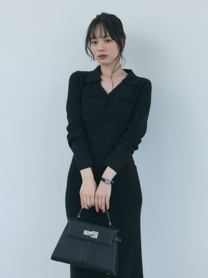 【Essential】Rib knit pocket design one piece