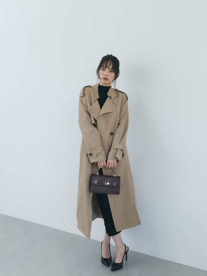 アシンメトリーフラップスタンドカラーロングトレンチコート
