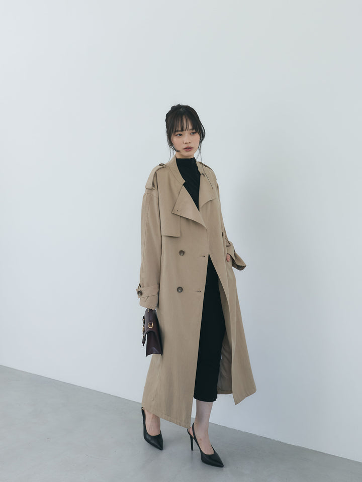アシンメトリーフラップスタンドカラーロングトレンチコート