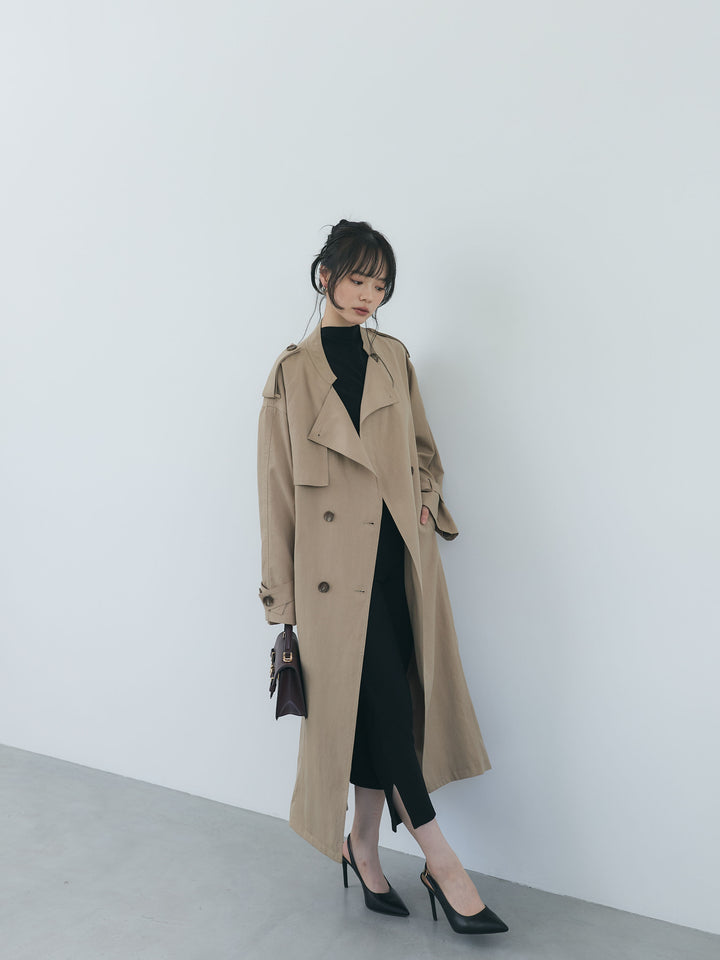アシンメトリーフラップスタンドカラーロングトレンチコート
