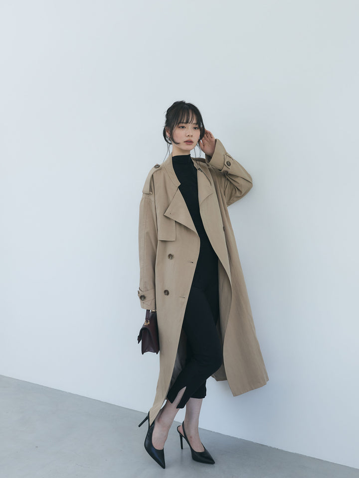 アシンメトリーフラップスタンドカラーロングトレンチコート