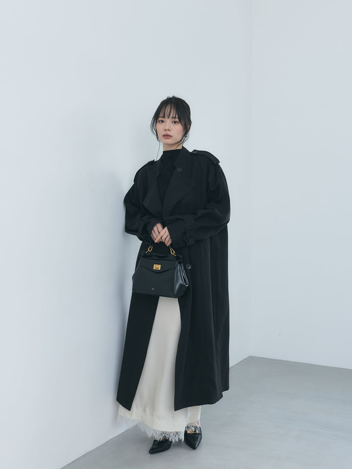 アシンメトリーフラップスタンドカラーロングトレンチコート