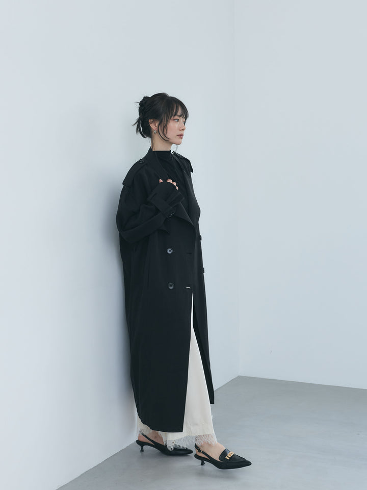 アシンメトリーフラップスタンドカラーロングトレンチコート