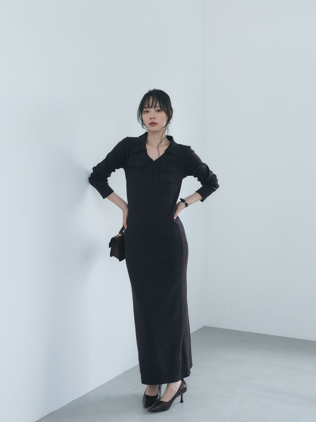 【Essential】Rib knit pocket design one piece