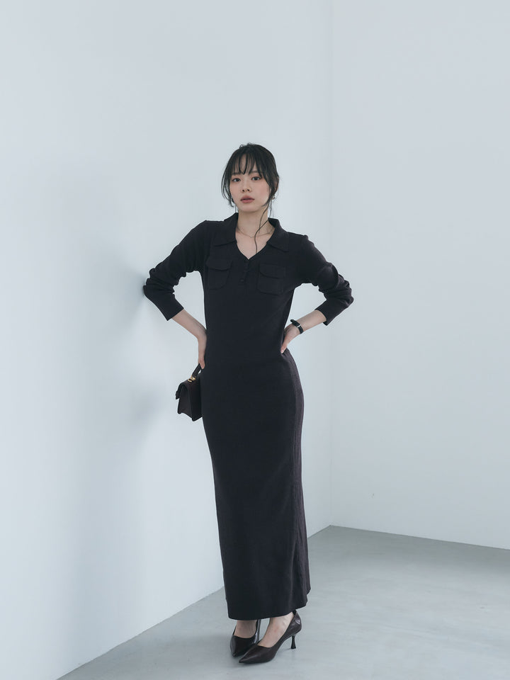 【Essential】Rib knit pocket design one piece