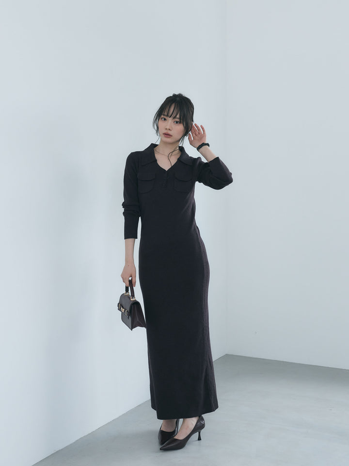 【Essential】Rib knit pocket design one piece
