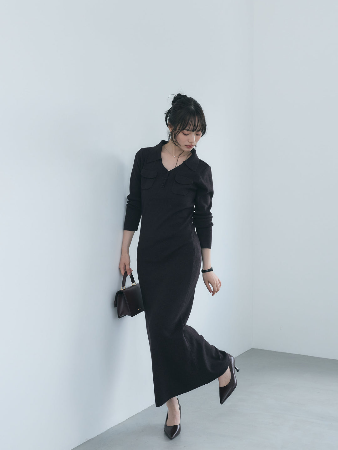 【Essential】Rib knit pocket design one piece