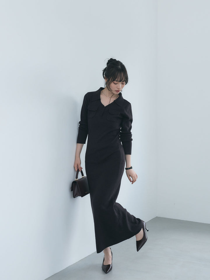 【Essential】Rib knit pocket design one piece