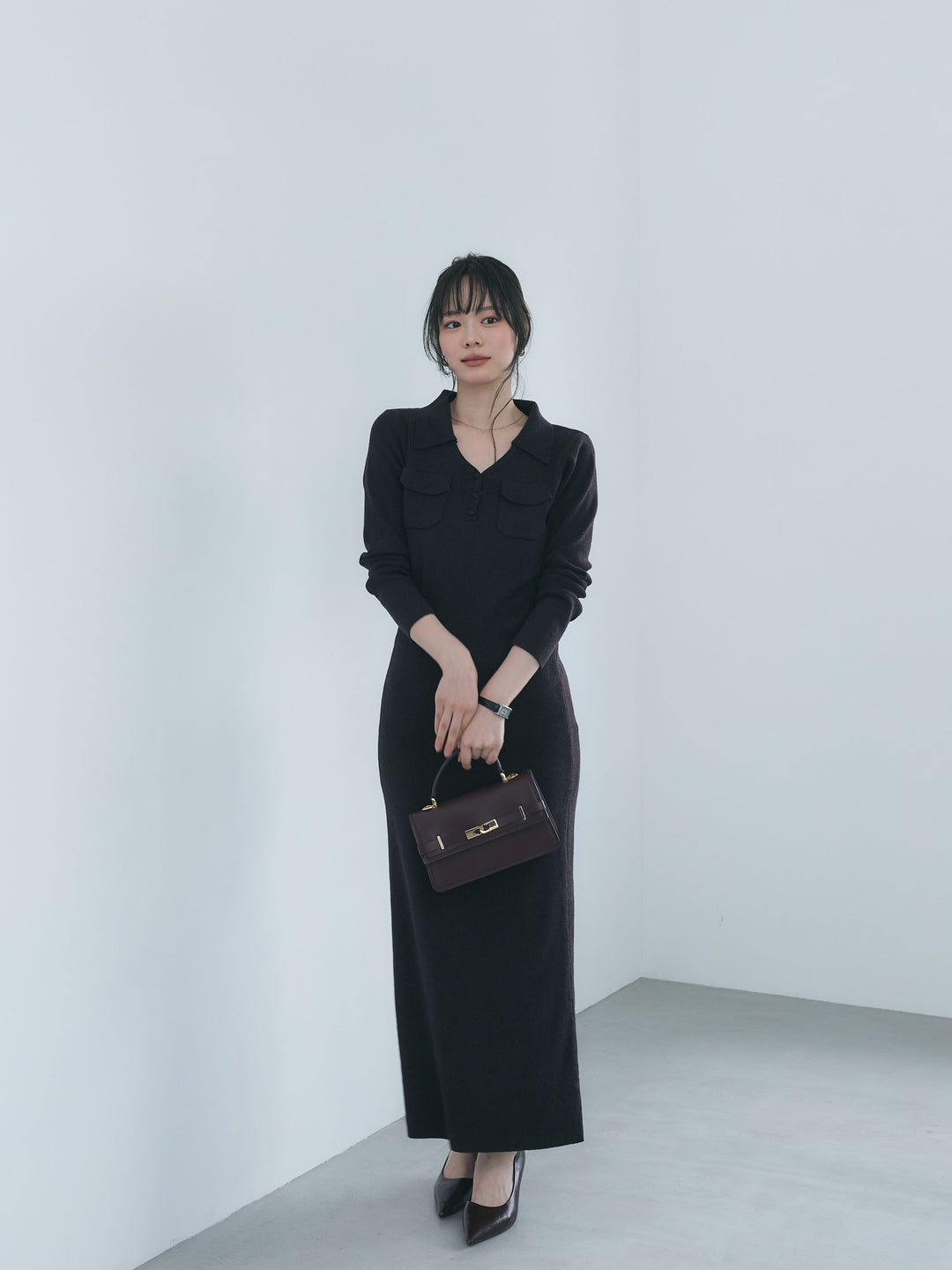 【Essential】Rib knit pocket design one piece