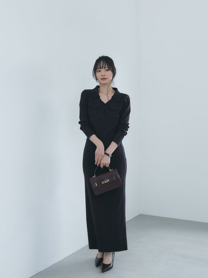 【Essential】Rib knit pocket design one piece