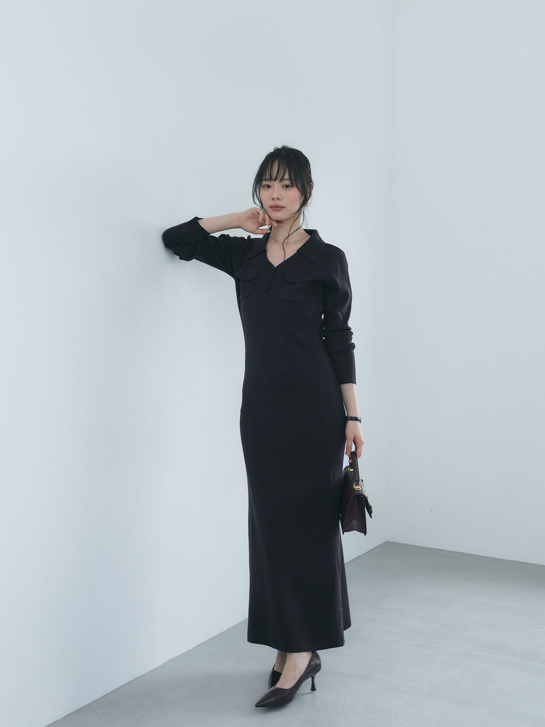 【Essential】Rib knit pocket design one piece