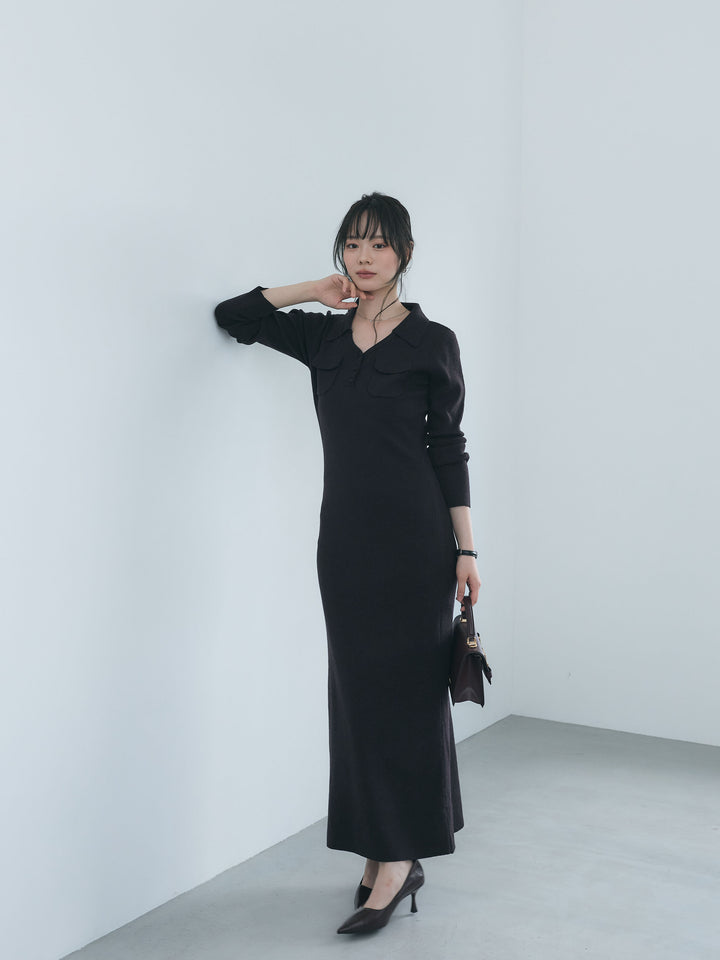 【Essential】Rib knit pocket design one piece