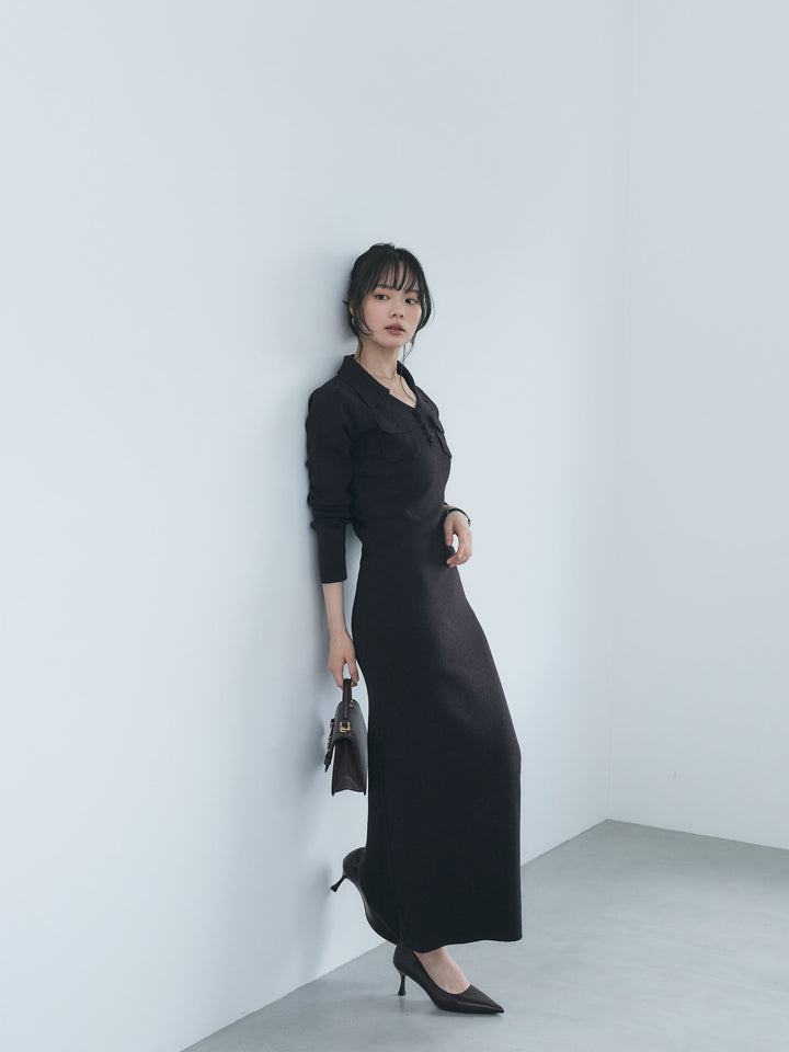 【Essential】Rib knit pocket design one piece